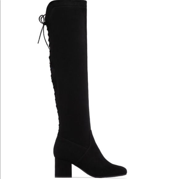 Black Over The Knee Chunky Low Heel Lace Up Boots - Picture 2 of 9